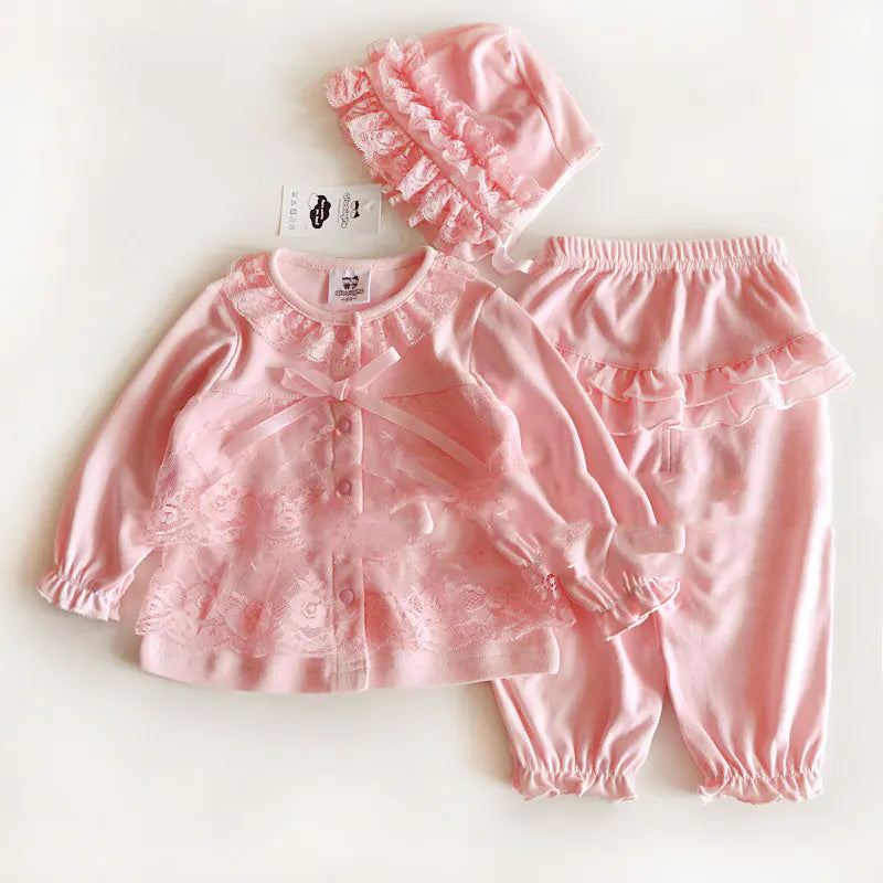 Cotton Baby Clothing Set for Girls - Pink Lace (3 Pieces)