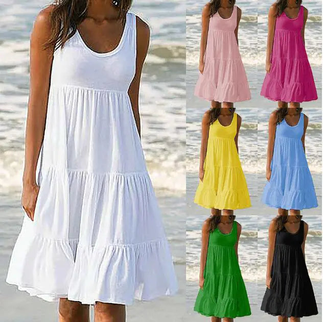 Sleeveless A-Line Beach Dress with Round Neck