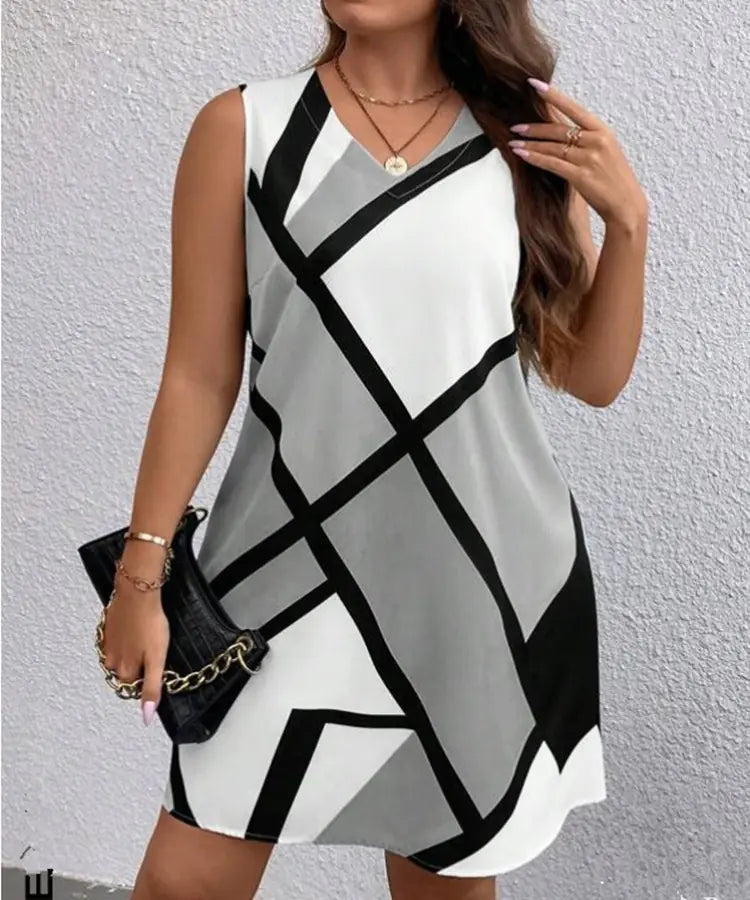 Geometric Print Fashion V-Neck Sleeveless Dress - Trendy Attic Store01