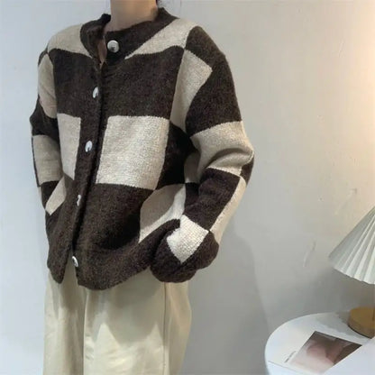Loose Checkered Sweater Coat for Women