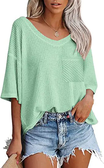 V-neck Summer Short Sleeve Green Shirts for Women