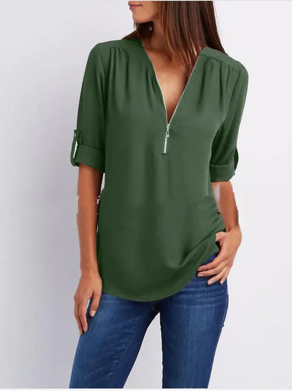 Plus Size V-Neck Long Sleeve Zip Chiffon Shirt