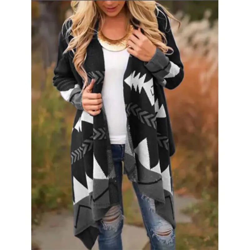 Geometric Print Long Knit Cardigan for Women