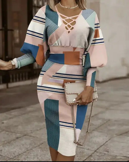 Elegant Women's V-Neck Long Sleeve Pencil Dress