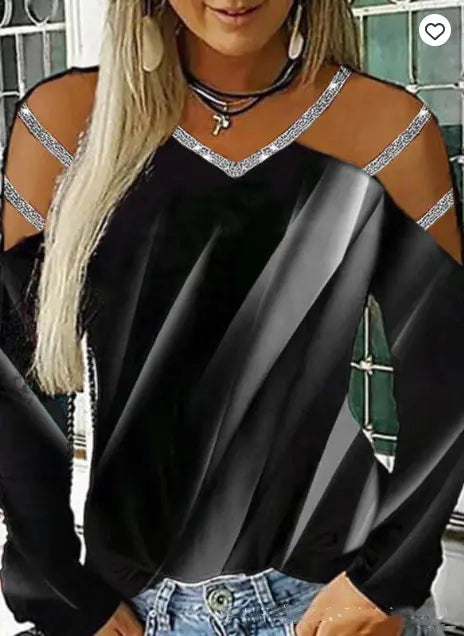 V-Neck Printed Long Sleeve Casual Top for Women