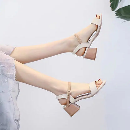 Mid-Heel Chunky Buckle Roman High Heels