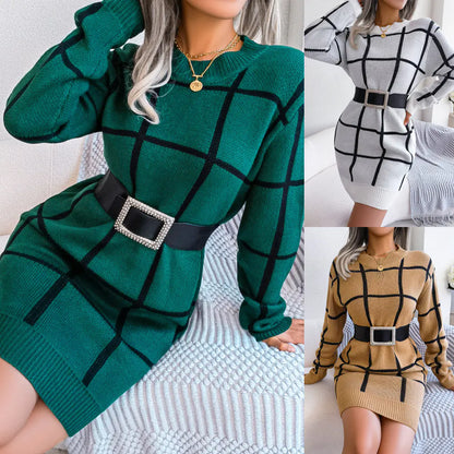 Casual Color-Contrast Plaid Long Sleeve Sweater Dress