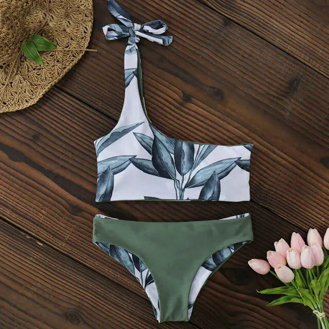One-Shoulder Brazilian Print Bikini Set
