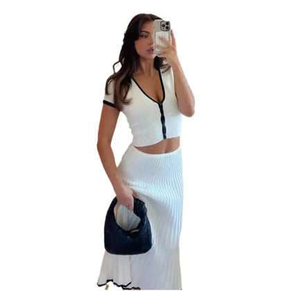 V-Neck Slim Knit Pleated Dress Set