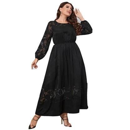 Plus Size Lace Midi Dress for Fall - Long Sleeve Elegance