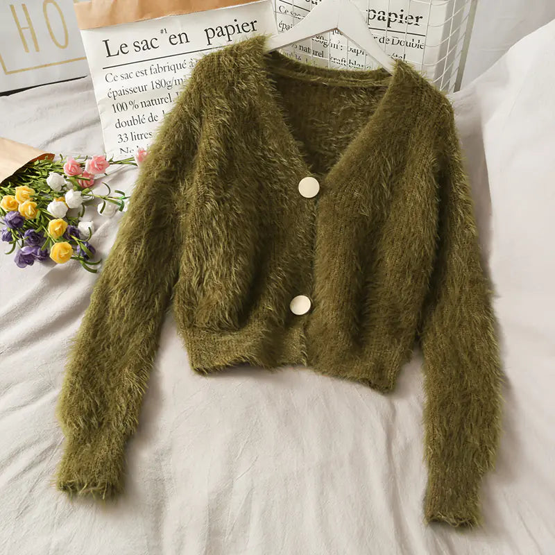 Korean Plush V-Neck Short Cardigan Sweater for Women