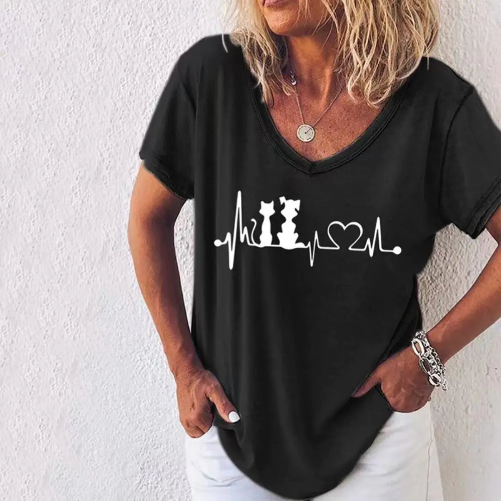Sommerliches Damen-V-Ausschnitt-T-Shirt mit 3D-Druck