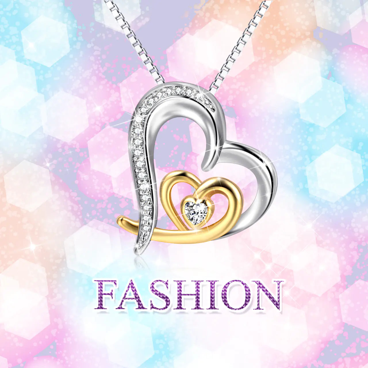 Double Heart Pendant, Gold-Plated Diamond Necklace, 925 Silver
