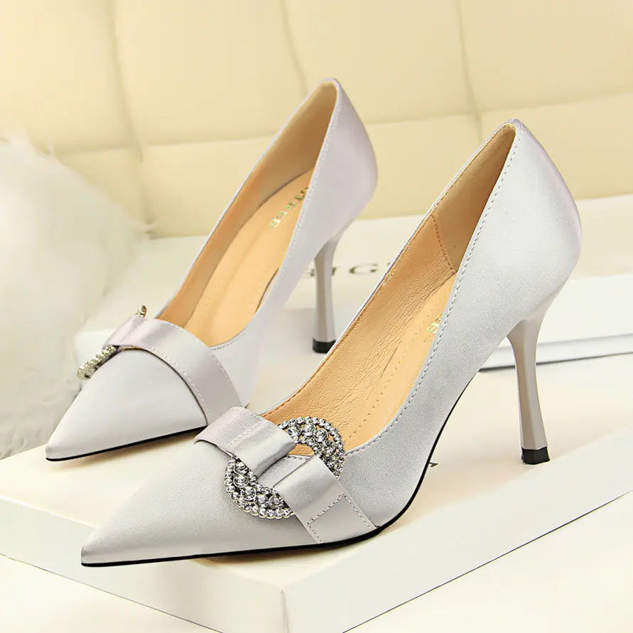 Satin Pointed Toe High Heel Shoes with Rhinestone Buckle - Trendy Attic Store01