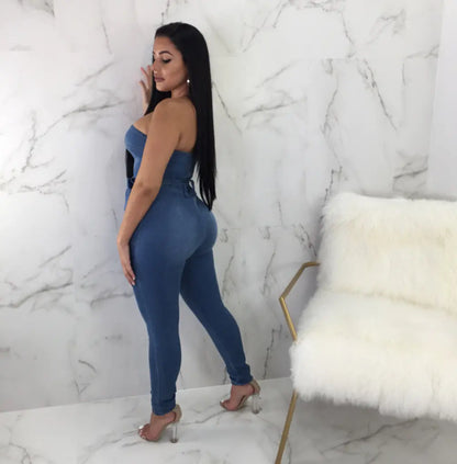 Slim Fit Denim Strapless Jumpsuit with Zipper
