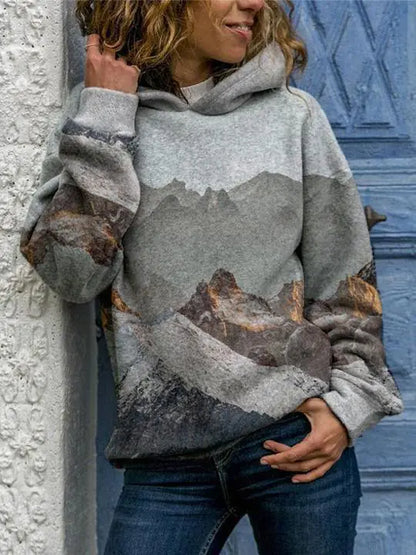 Hooded Long Sleeve Casual Digital Print Sweater for Women