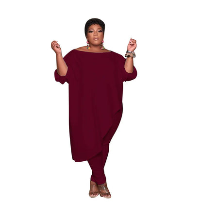 Plus Size Casual Two-Piece Outfit with Lantern Sleeves