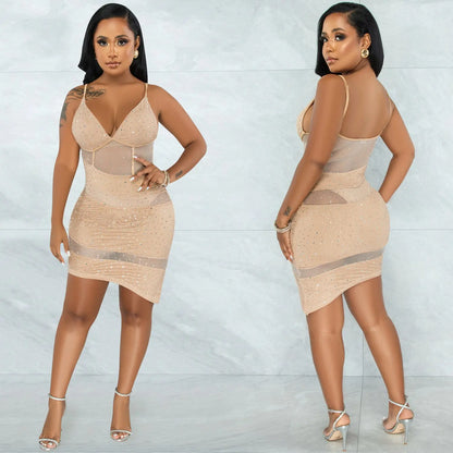 Irregular Hot Diamond Sling Dress for Nightclub Wear