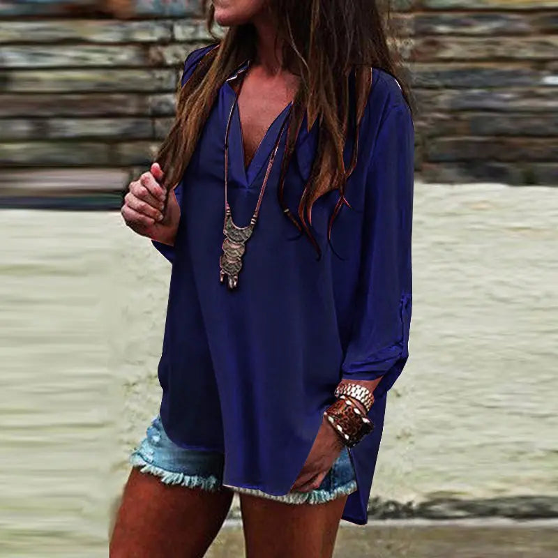 Plus Size Solid V-Neck Irregular Sleeve Blouse