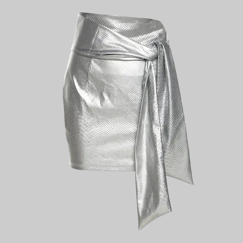 Silver PU Faux Leather Snake Print Lace-Up Skirt