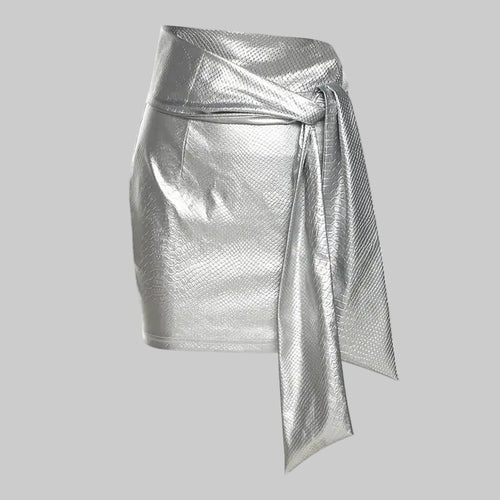 Silver PU Faux Leather Snake Print Lace-Up Skirt