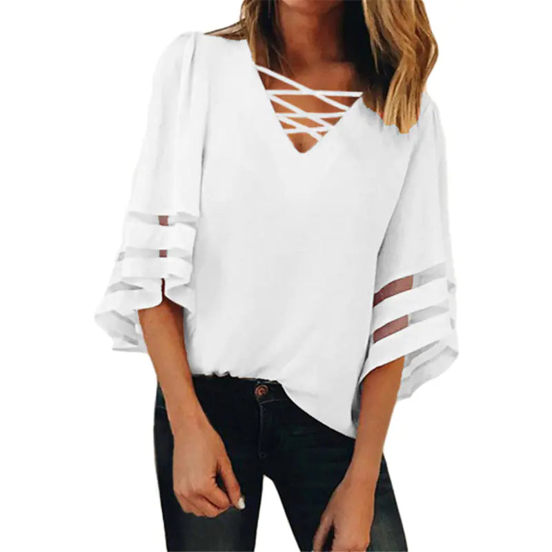 Mesh Stitching V-Neck T-Shirt for Women