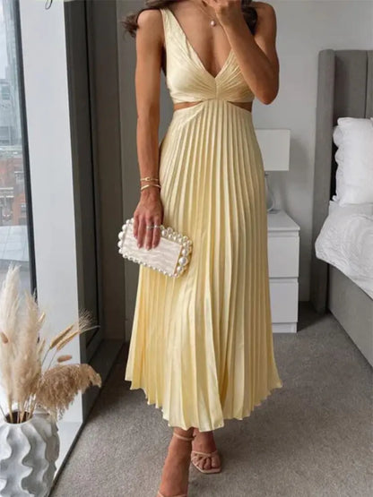 Pleated V-Neck Hollow Waist Long Dress