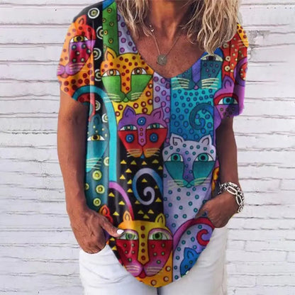 Sommerliches Damen-V-Ausschnitt-T-Shirt mit 3D-Druck