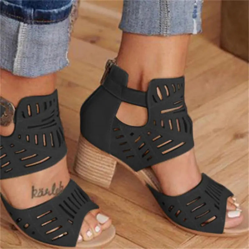 Cutout Floral Chunky Heels Women's Sandals