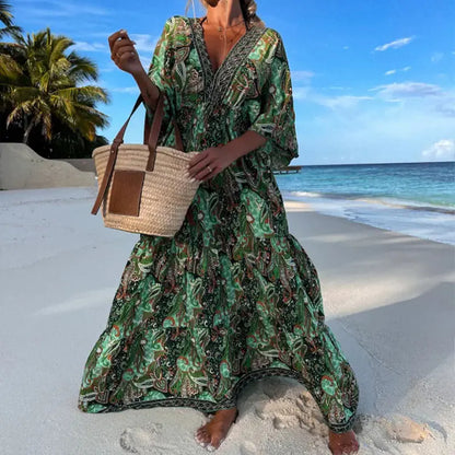 Bohemian Style V-Neck Floral Maxi Dress for Women