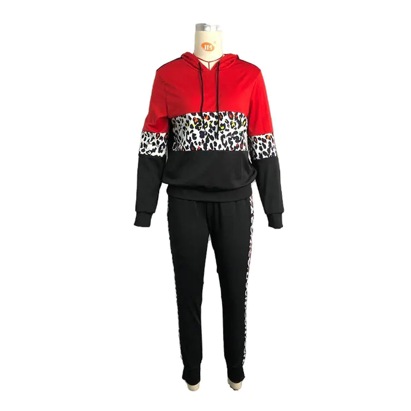Plus Size Leopard Long Sleeve Hooded Tracksuit Set