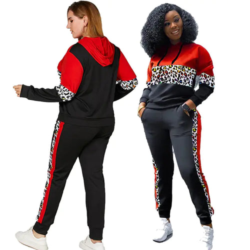 Plus Size Leopard Long Sleeve Hooded Tracksuit Set