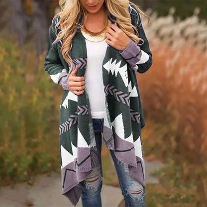 Geometric Print Long Knit Cardigan for Women