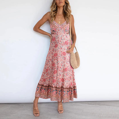 Damen lässiges Boho Blumen V-Ausschnitt Sommerkleid