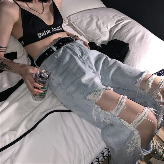 Women's High Waist Ripped Wide Leg Jeans