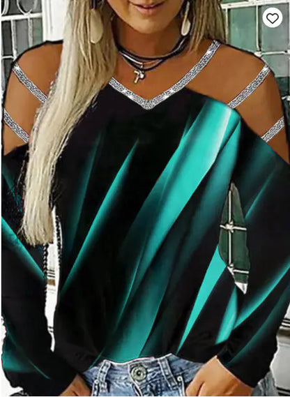 V-Neck Printed Long Sleeve Casual Top for Women