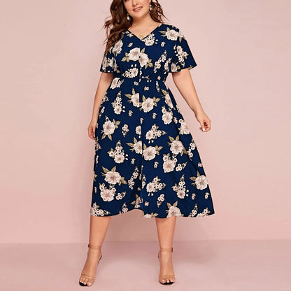Plus Size Floral Print V-Neck Short Sleeve Dress