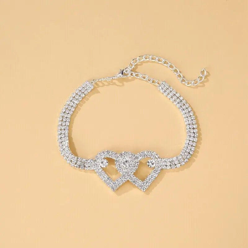 Double Heart Anklet Bracelet Love Barefoot Chain Bling Crystal Ankle Bracelet