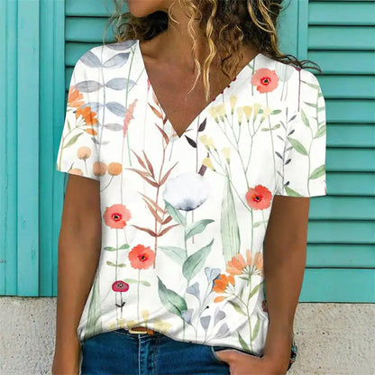 Women's V-Neck Short Sleeve Flower Print T-Shirt