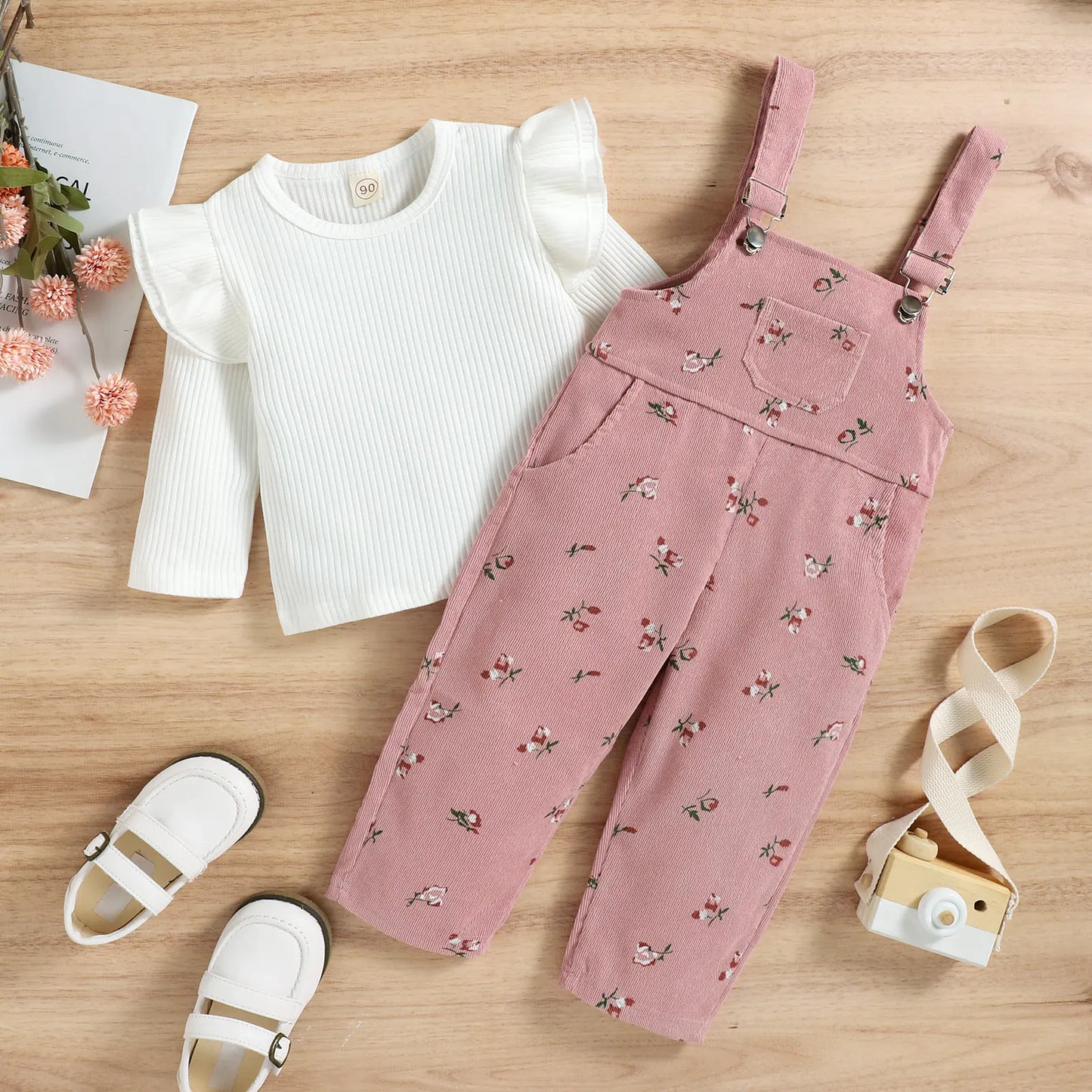 Korean Style Girls' Long Sleeve Top & Corduroy Pants Set