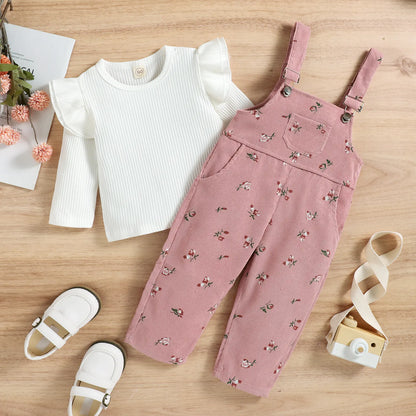 Korean Style Girls' Long Sleeve Top & Corduroy Pants Set