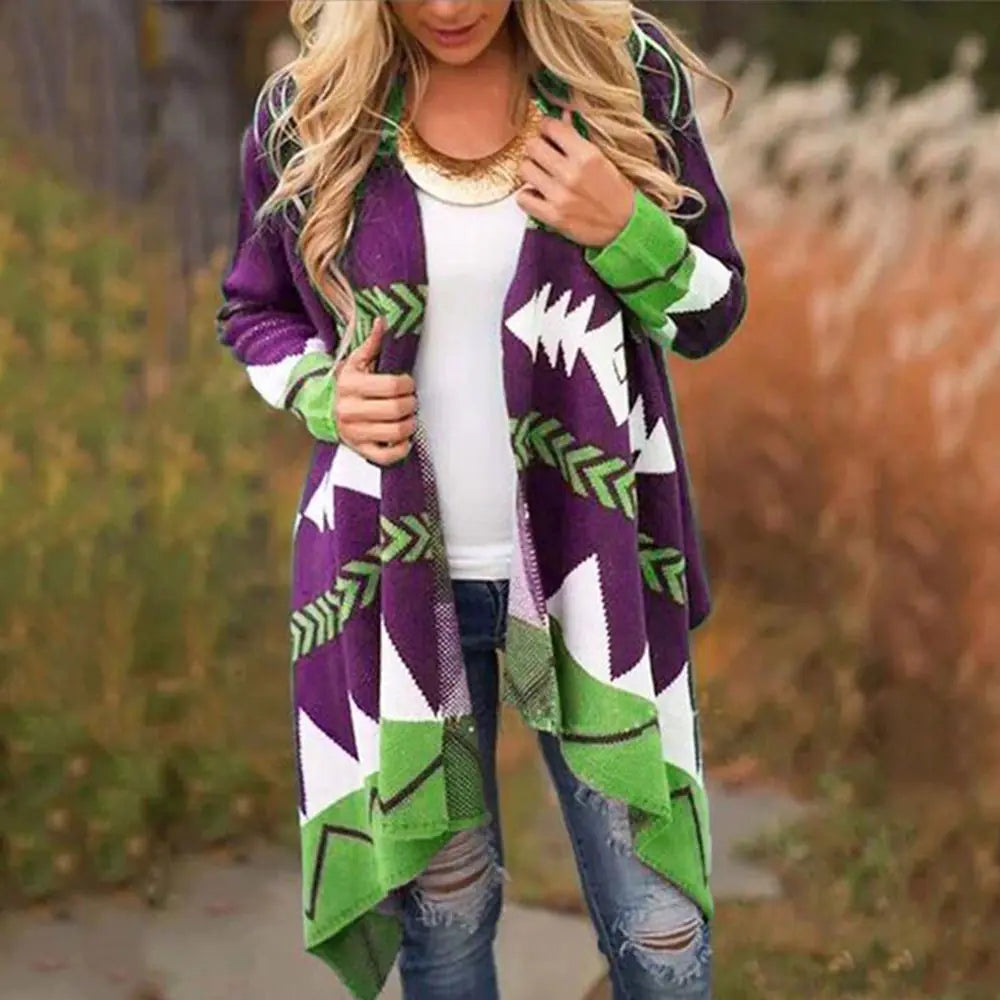 Geometric Print Long Knit Cardigan for Women