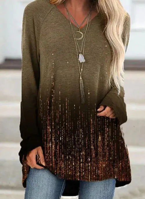 Gradient V Neck Long Sleeve T-Shirt