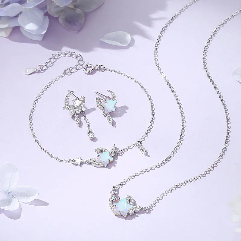 S925 Silver Moon and Flower Pendant Necklace