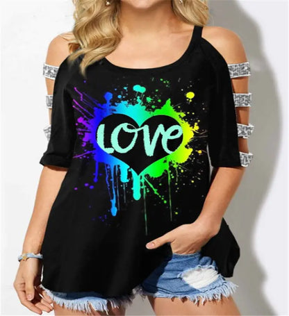 Colorful Off-Shoulder Short Sleeve Women's T-Shirt