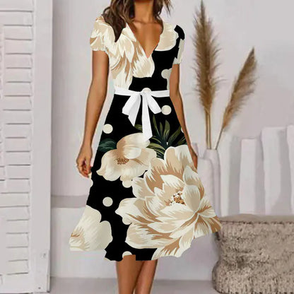 Fashionable Sexy V-Neck A-Line Dress with Belted Waist