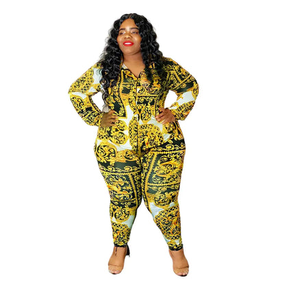 Plus Size Spring Women's Printed Shirt and Pants Set