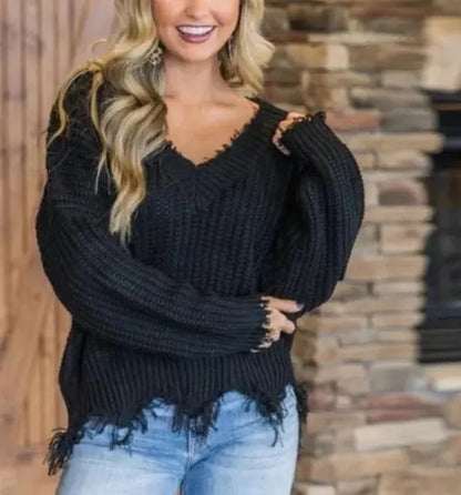 Irregular V-Neck Loose Knit Sweater for Women