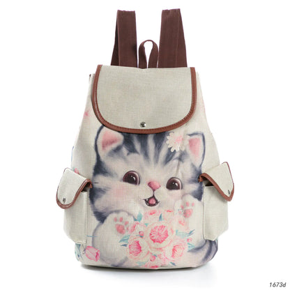 Cat Print Student Backpack, Linen Women's Backpack