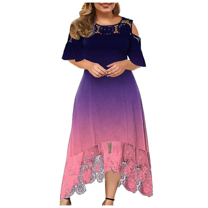 Trendy Plus-Size Gradient Lace Shoulder Dress for Women